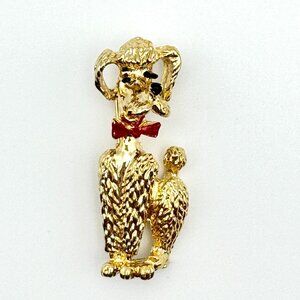 Vintage Gold-Tone Poodle Brooch Pin With Red Bow Tie 2 Inches